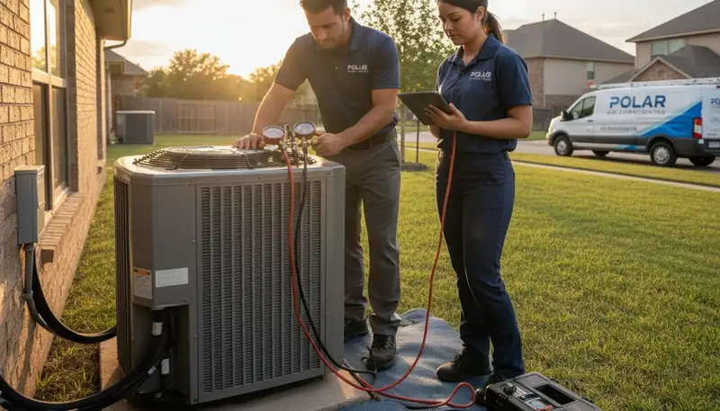 Professional AC repair technician servicing air conditioner in Fort Worth TX home