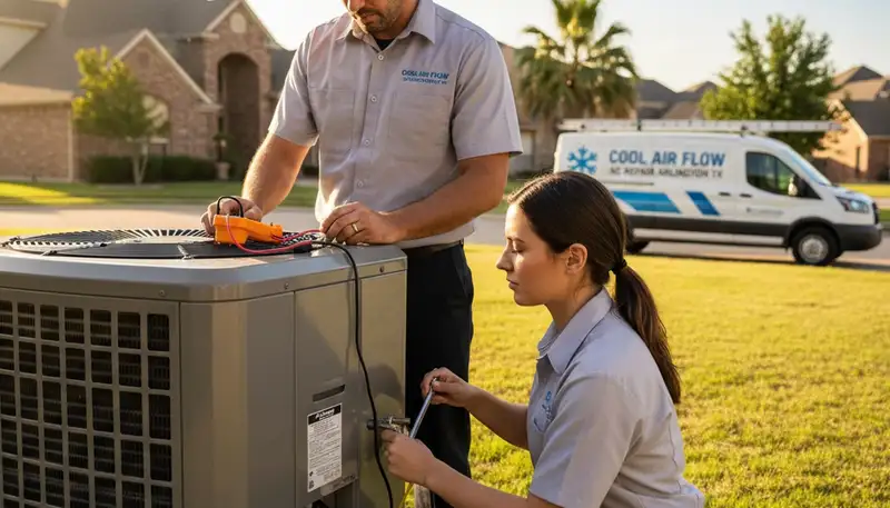 Professional AC repair technician servicing air conditioner unit in Fort Worth, TX