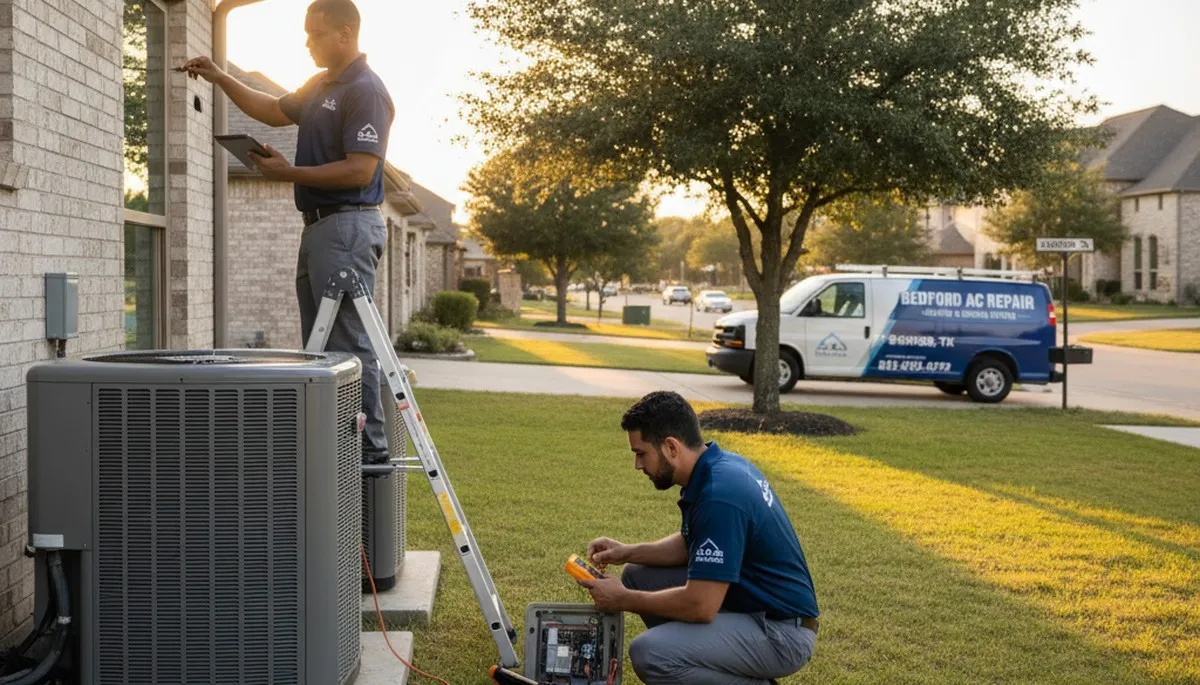 HVAC technician performing AC repair service at residential home in Fort Worth TX