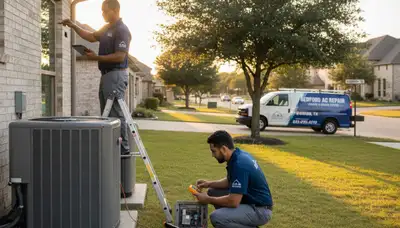 HVAC technician performing AC repair service at residential home in Fort Worth TX