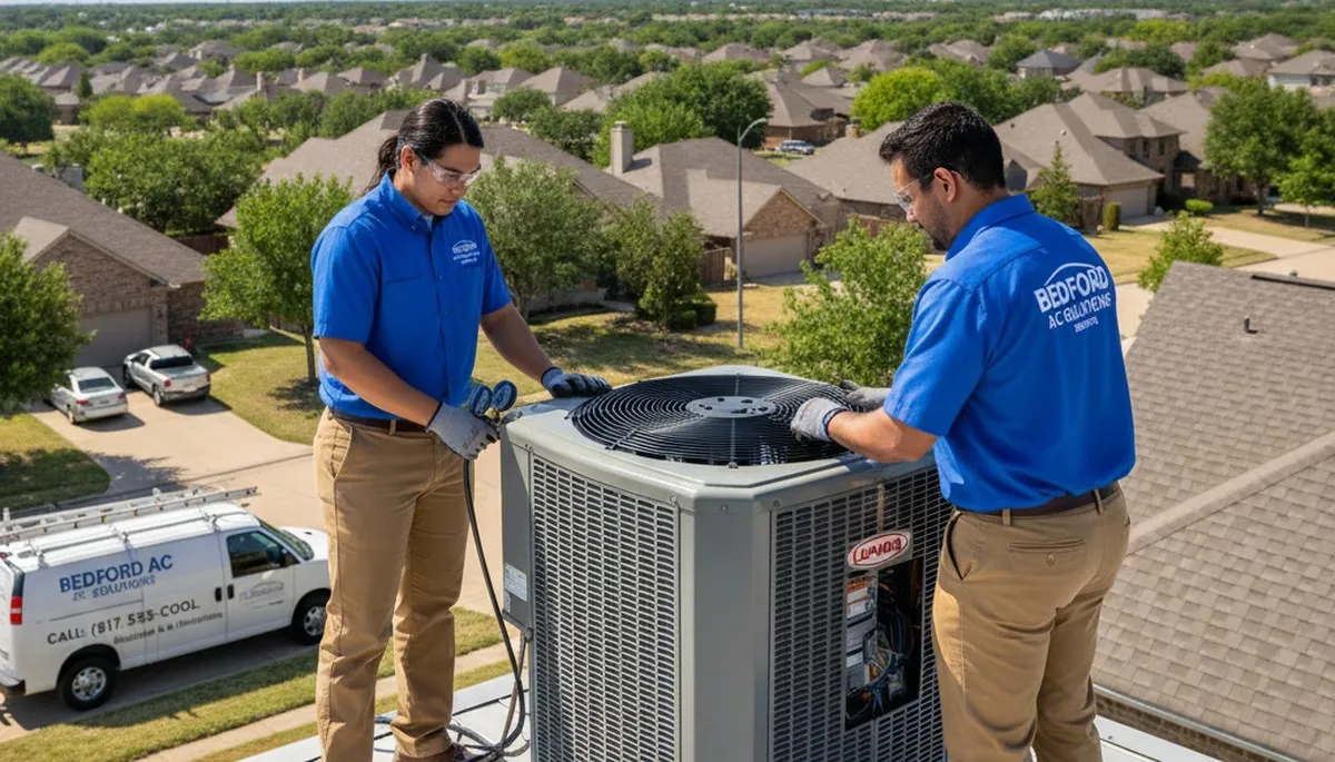 Professional AC repair technician servicing air conditioner unit in Fort Worth TX home