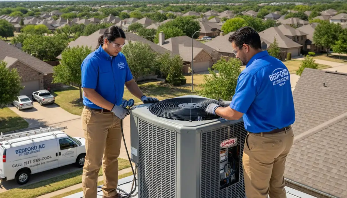 Professional AC repair technician servicing air conditioner unit in Fort Worth TX home