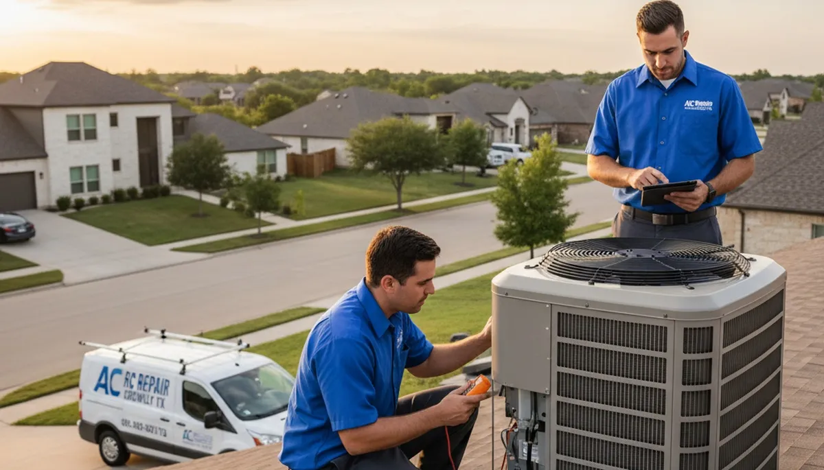 Professional AC repair technician servicing air conditioner in Fort Worth TX home