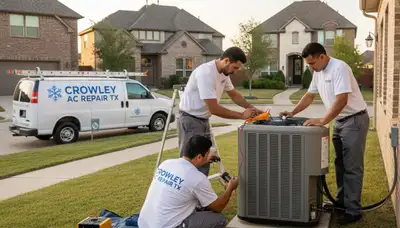 Professional AC repair technician servicing air conditioner unit in Fort Worth TX home