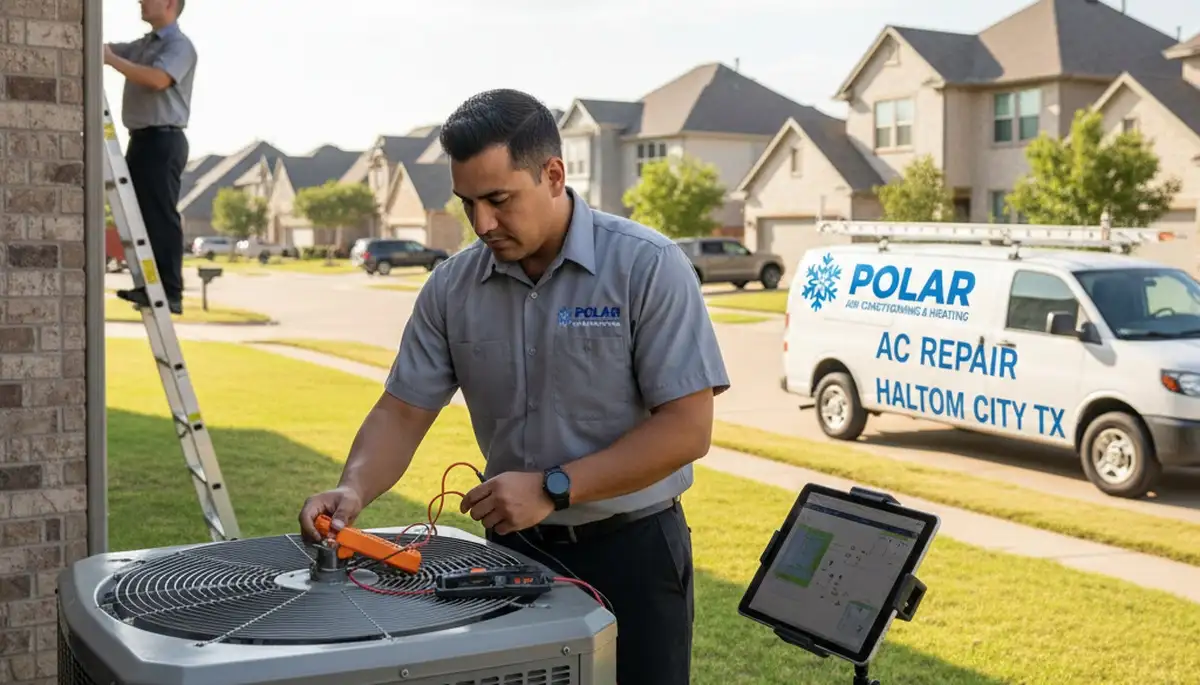 Professional AC repair technician servicing air conditioner unit in Fort Worth TX
