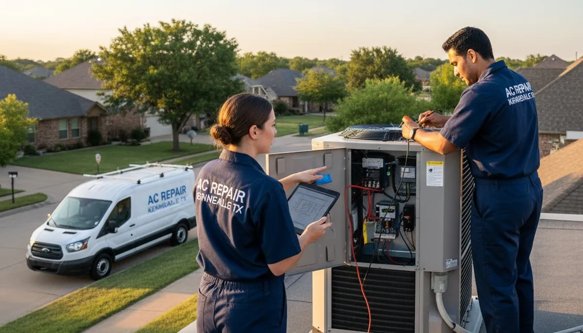 AC repair technician servicing unit in Fort Worth TX home for air conditioning maintenance