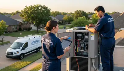 AC repair technician servicing unit in Fort Worth TX home for air conditioning maintenance