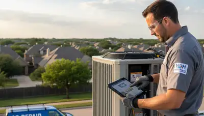 HVAC technician providing AC repair service at a Fort Worth TX home