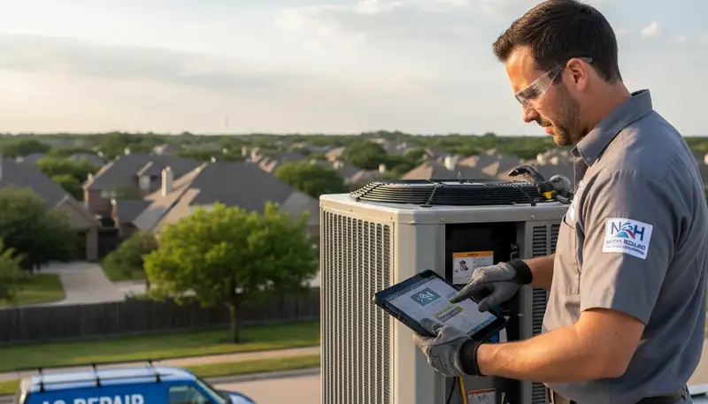 HVAC technician providing AC repair service at a Fort Worth TX home