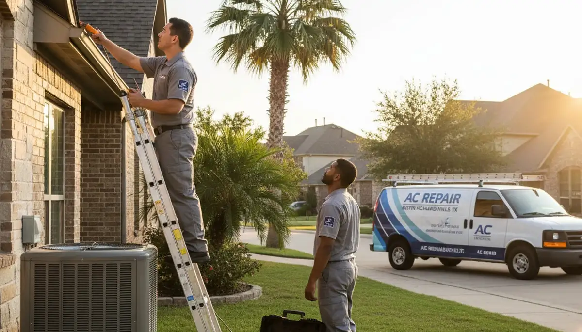 Professional AC repair technician servicing air conditioner unit in Fort Worth TX home