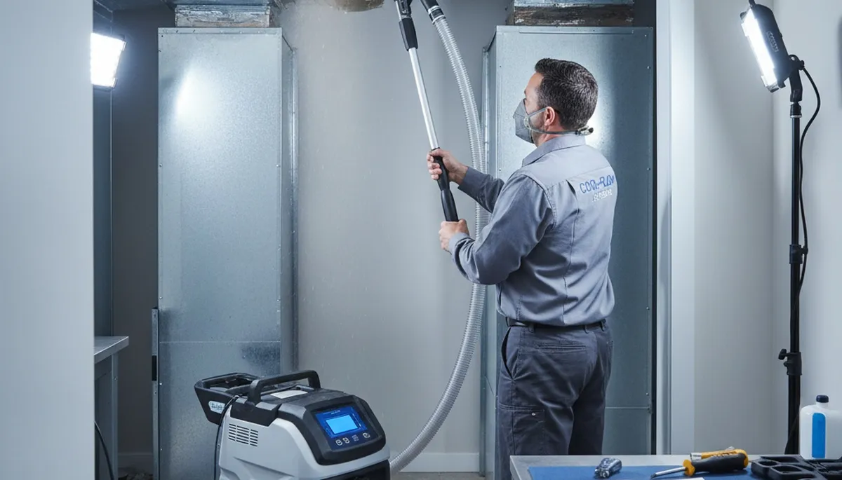 Technician cleaning air ducts for AC system in Fort Worth, TX home to improve HVAC efficiency
