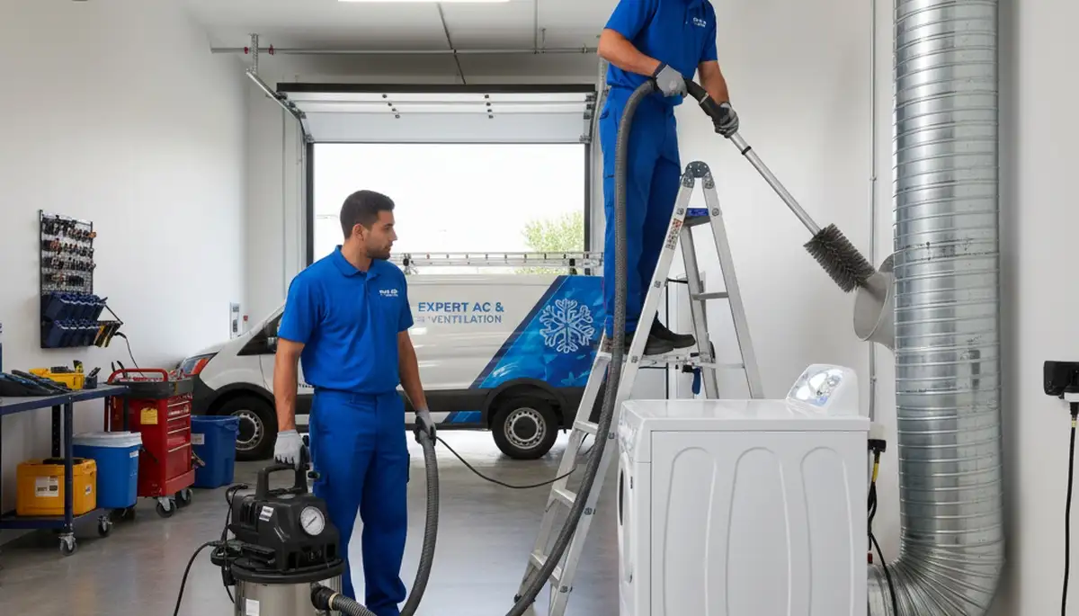 Technician cleaning dryer vent for AC system maintenance in Fort Worth, TX home