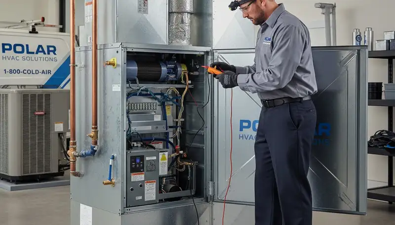 Technician fixing home furnace during winter service in Fort Worth, TX by Five Star Cooling
