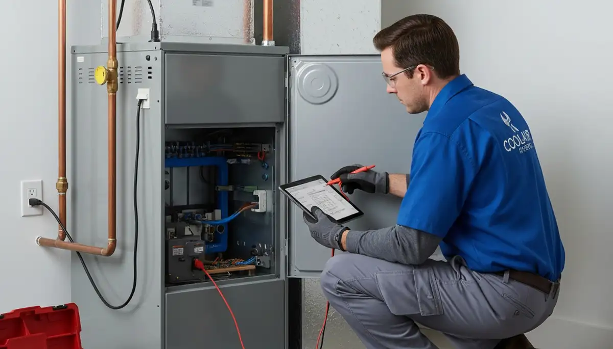 Technician repairing home furnace system in Fort Worth TX for Five Star Cooling heating service