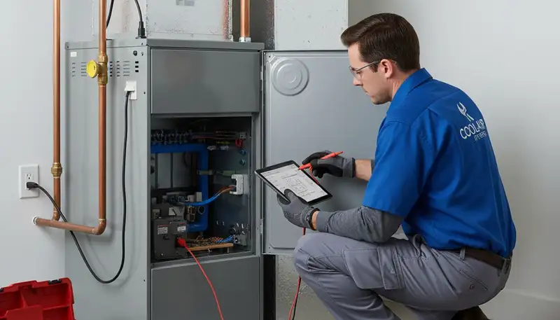 Technician repairing home furnace system in Fort Worth TX for Five Star Cooling heating service