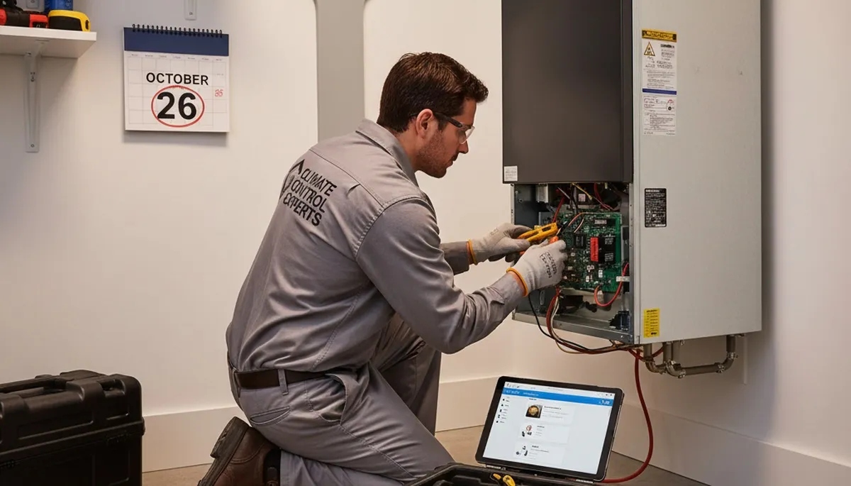 Technician performing furnace and heating repair service in Fort Worth TX home