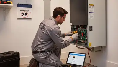 Technician performing furnace and heating repair service in Fort Worth TX home