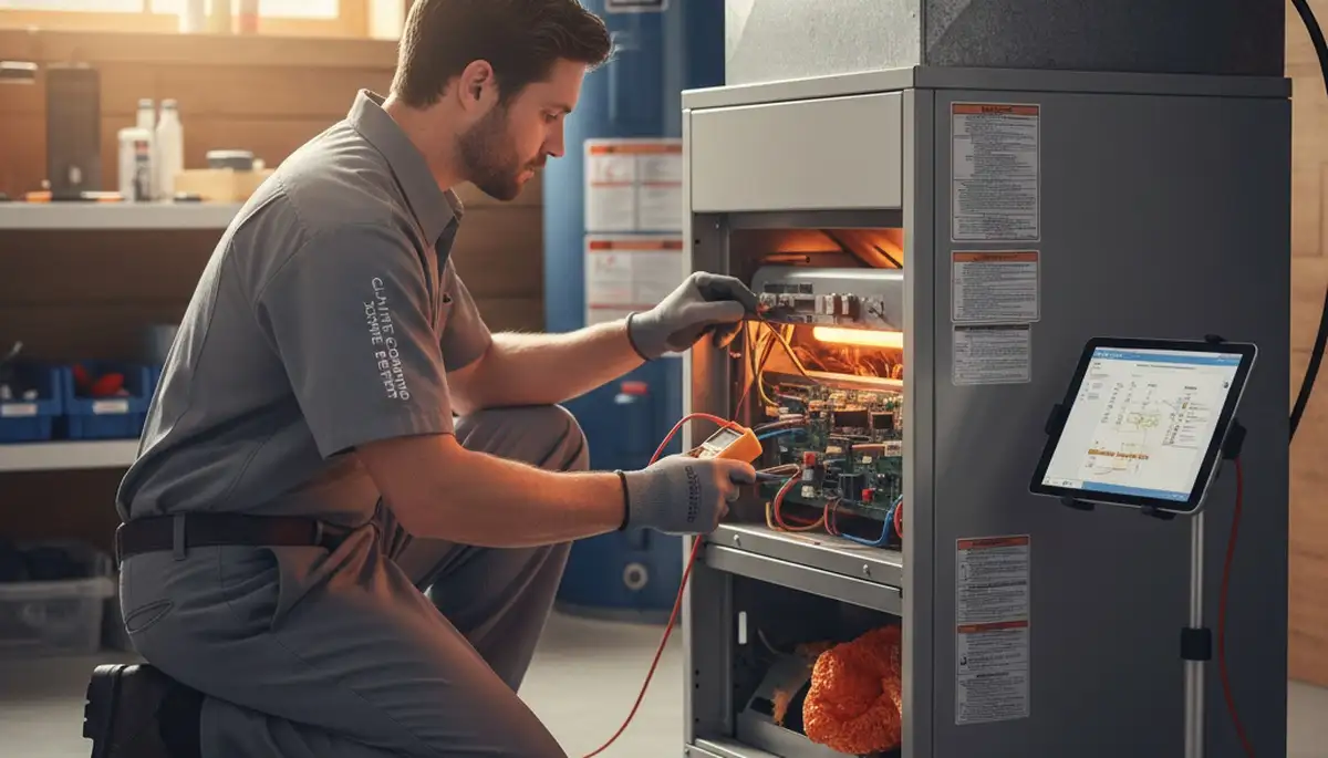 Technician performing heating repair service in Fort Worth, TX for residential furnace system