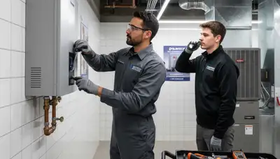 Technician repairing water heater unit in Fort Worth TX home for Five Star Cooling service page